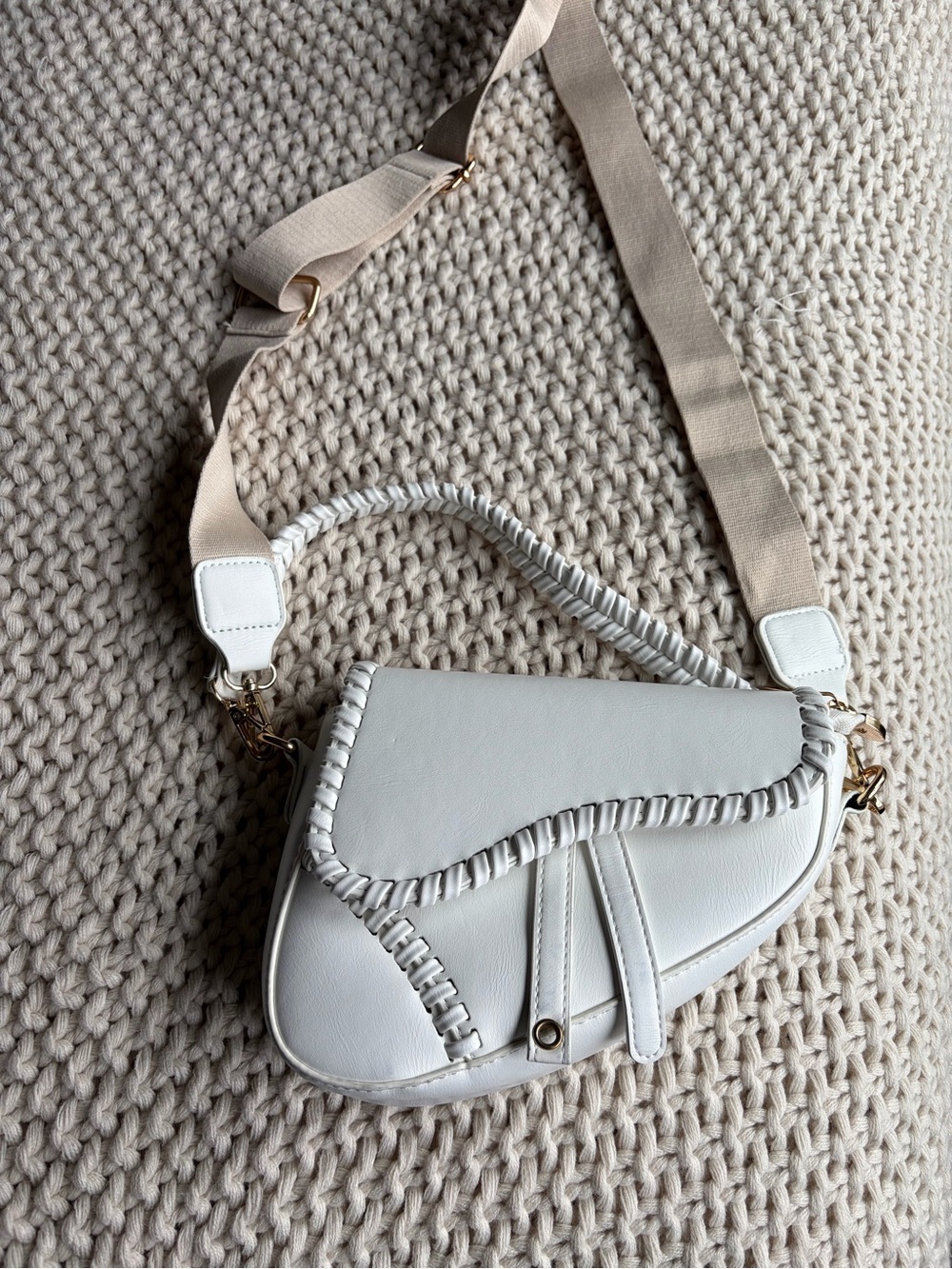 Cream Saddle Crossbody Bag with Braided Trim